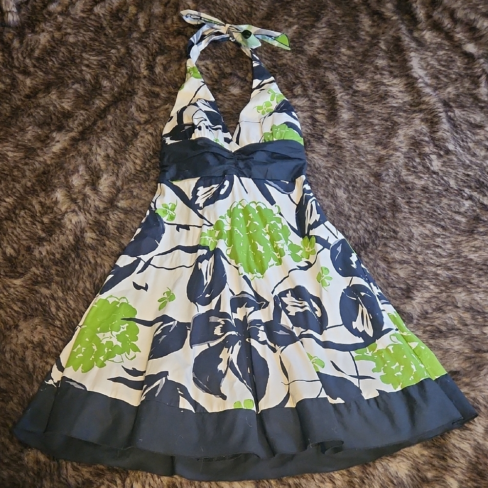 Green and Black Floral Halter Midi Dress